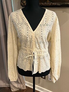 Cream Eyelet Drawstring Peplum Embroidered Blouse Boho Festival  Cottagecore